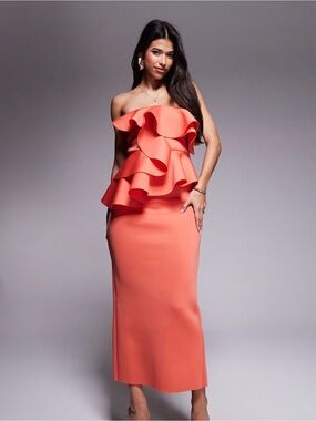 ASOS Strapless Ruffle Coral Midi Dress